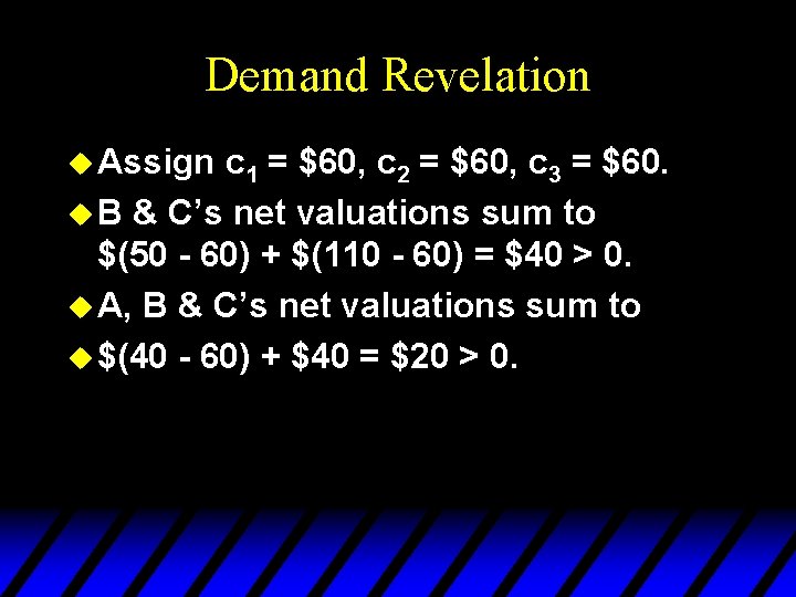 Demand Revelation u Assign c 1 = $60, c 2 = $60, c 3