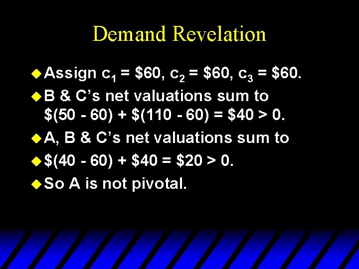 Demand Revelation u Assign c 1 = $60, c 2 = $60, c 3