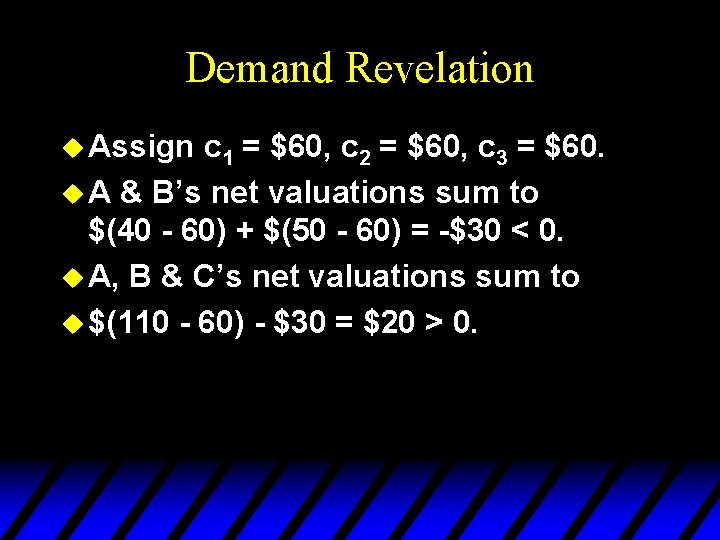 Demand Revelation u Assign c 1 = $60, c 2 = $60, c 3