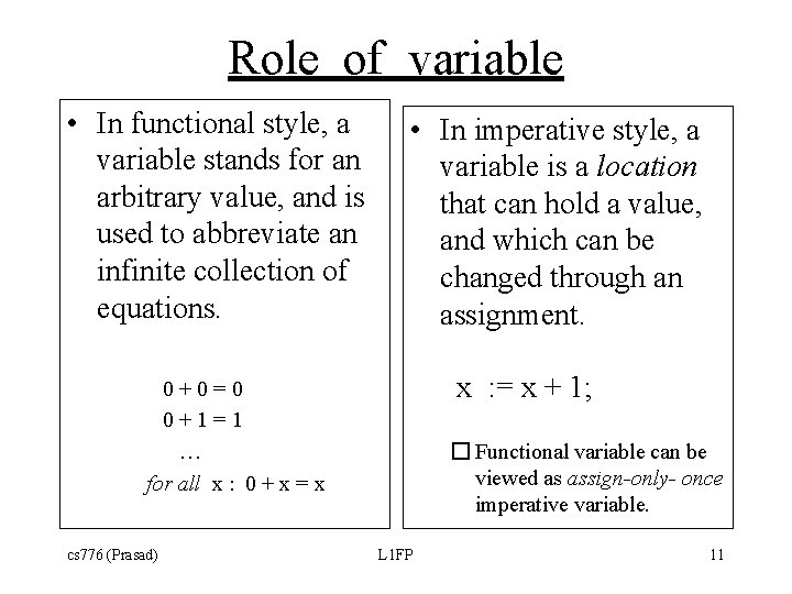 Role of variable • In functional style, a variable stands for an arbitrary value, Role of variable • In functional style, a variable stands for an arbitrary value,
