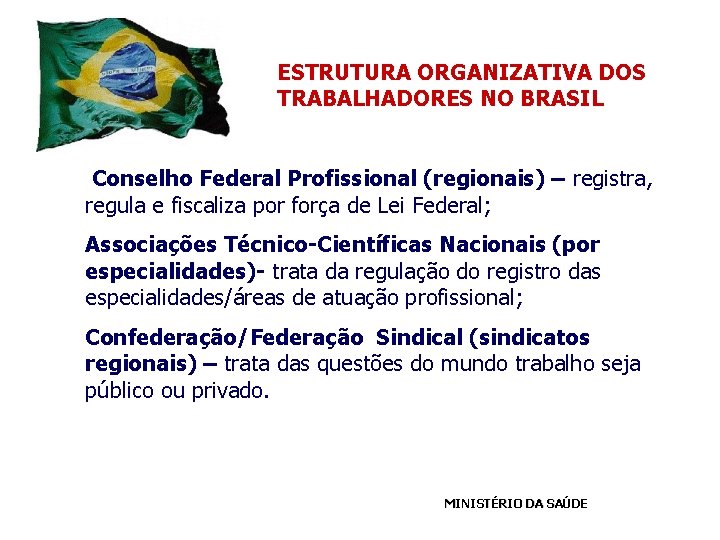 ESTRUTURA ORGANIZATIVA DOS TRABALHADORES NO BRASIL Conselho Federal Profissional (regionais) – registra, regula e