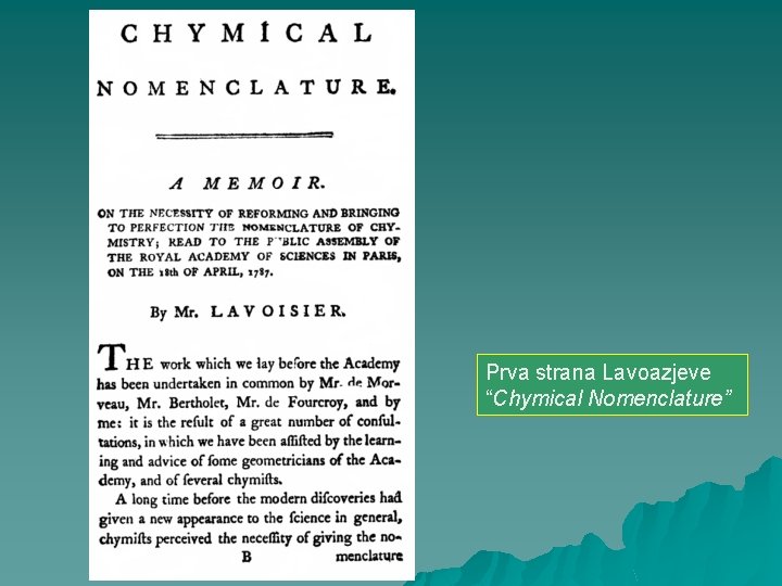 Prva strana Lavoazjeve “Chymical Nomenclature” 