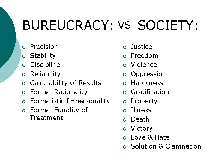 BUREUCRACY: VS SOCIETY: ¡ ¡ ¡ ¡ Precision Stability Discipline Reliability Calculability of Results