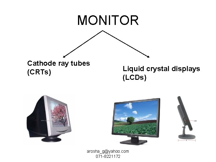 MONITOR Cathode ray tubes (CRTs) Liquid crystal displays (LCDs) arosha_g@yahoo. com 071 -8221172 