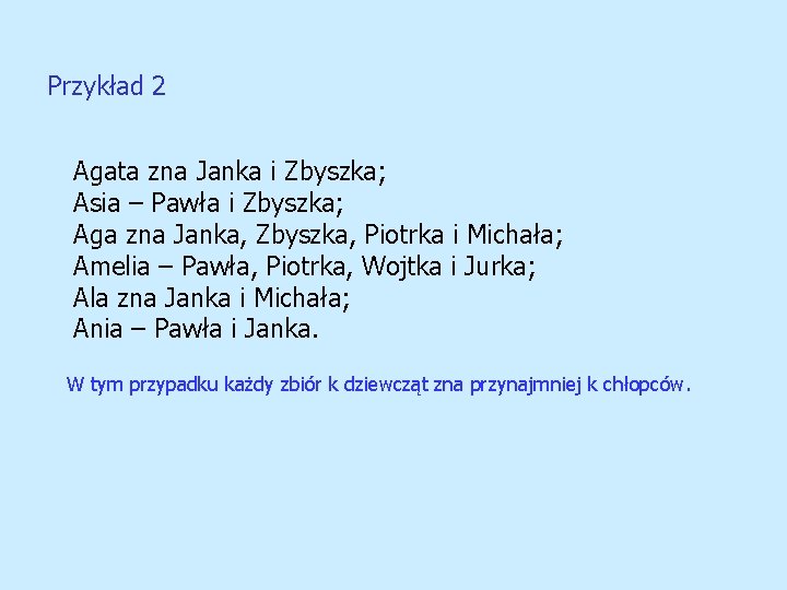 Przykład 2 Agata zna Janka i Zbyszka; Asia – Pawła i Zbyszka; Aga zna