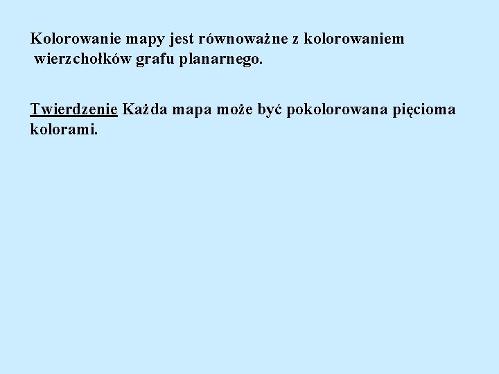 Kolorowanie mapy jest równoważne z kolorowaniem wierzchołków grafu planarnego. Twierdzenie Każda mapa może być