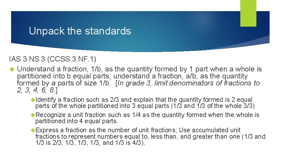 Unpack the standards IAS. 3. NS. 3 (CCSS. 3. NF. 1) Understand a fraction,