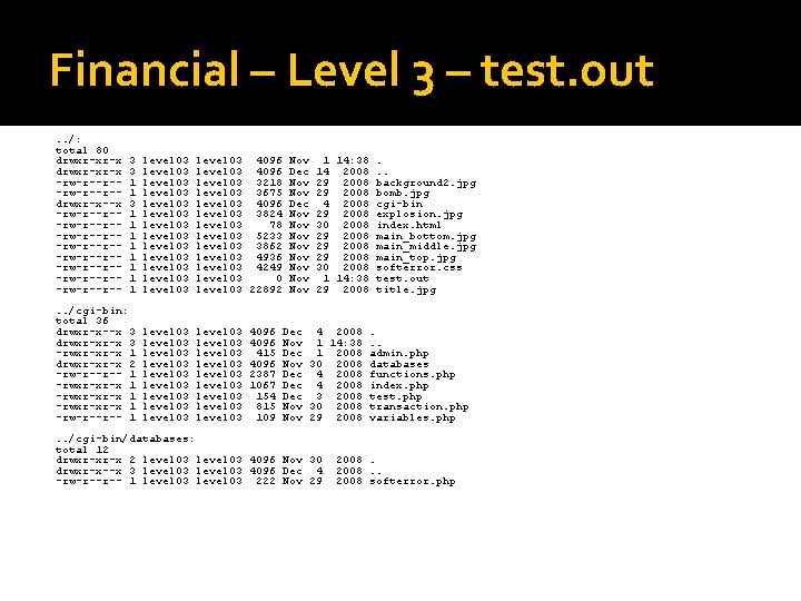 Financial – Level 3 – test. out. . /: total 80 drwxr-xr-x -rw-r--r-drwxr-x--x -rw-r--r--rw-r--r--rw-r--r--rw-r--r--