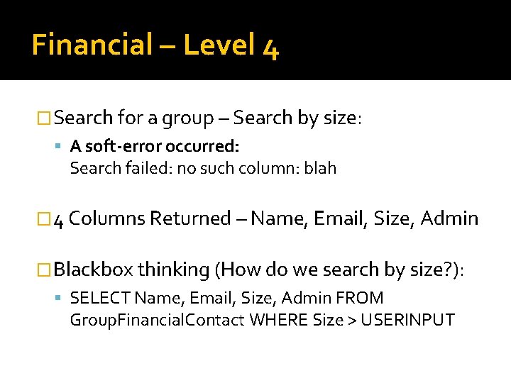 Financial – Level 4 �Search for a group – Search by size: A soft-error