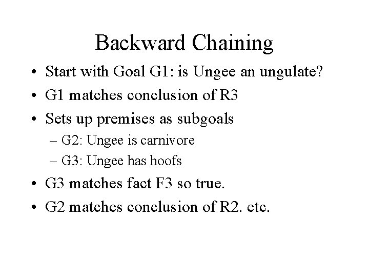 Backward Chaining • Start with Goal G 1: is Ungee an ungulate? • G