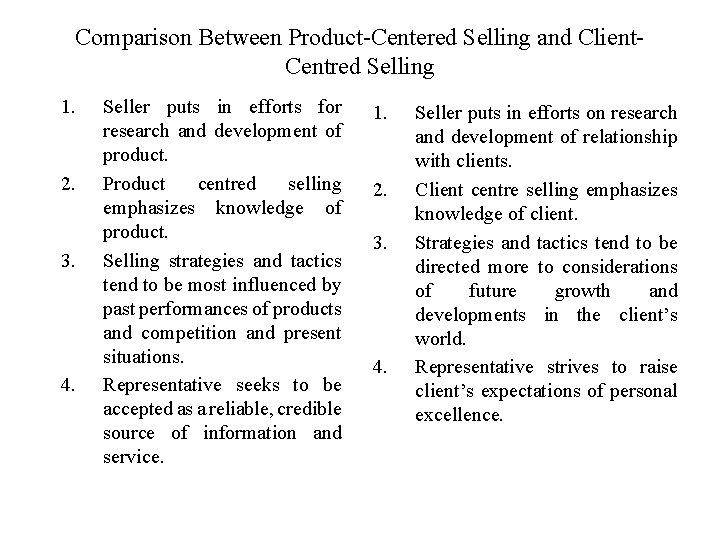 Comparison Between Product-Centered Selling and Client. Centred Selling 1. 2. 3. 4. Seller puts