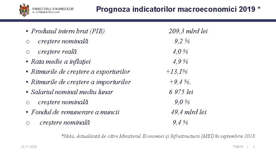 Prognoza indicatorilor macroeconomici 2019 * • Produsul intern brut (PIB) 209, 3 mlrd lei Prognoza indicatorilor macroeconomici 2019 * • Produsul intern brut (PIB) 209, 3 mlrd lei