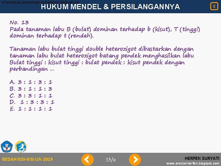  • Perhatikan petasilsilah butawarna dibawah ini! HUKUM MENDEL & PERSILANGANNYA X No. 13