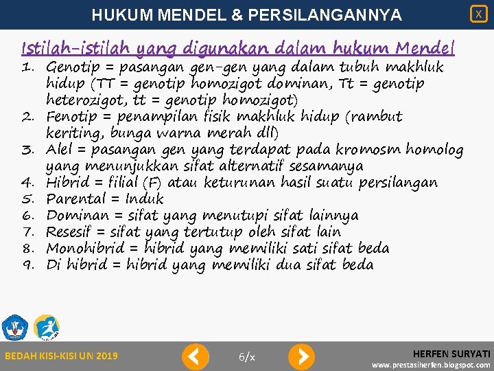 HUKUM MENDEL & PERSILANGANNYA X Istilah-istilah yang digunakan dalam hukum Mendel 1. Genotip =