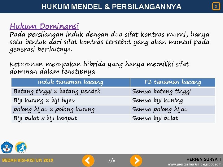HUKUM MENDEL & PERSILANGANNYA X Hukum Dominansi Pada persilangan induk dengan dua sifat kontras