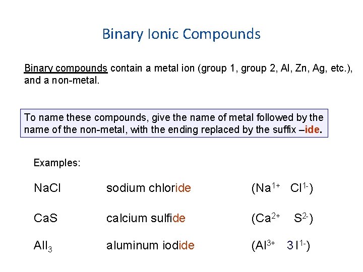 Binary Ionic Compounds Binary compounds contain a metal ion (group 1, group 2, Al,