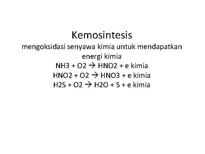 Kemosintesis mengoksidasi senyawa kimia untuk mendapatkan energi kimia NH 3 + O 2 HNO
