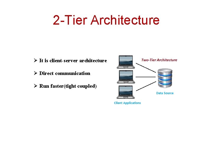 2 -Tier Architecture Ø It is client-server architecture Ø Direct communication Ø Run faster(tight