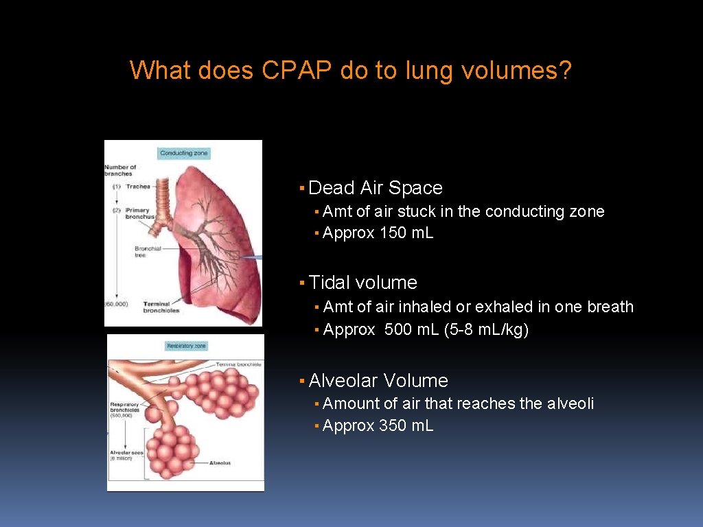 What does CPAP do to lung volumes? ▪ Dead Air Space ▪ Amt of
