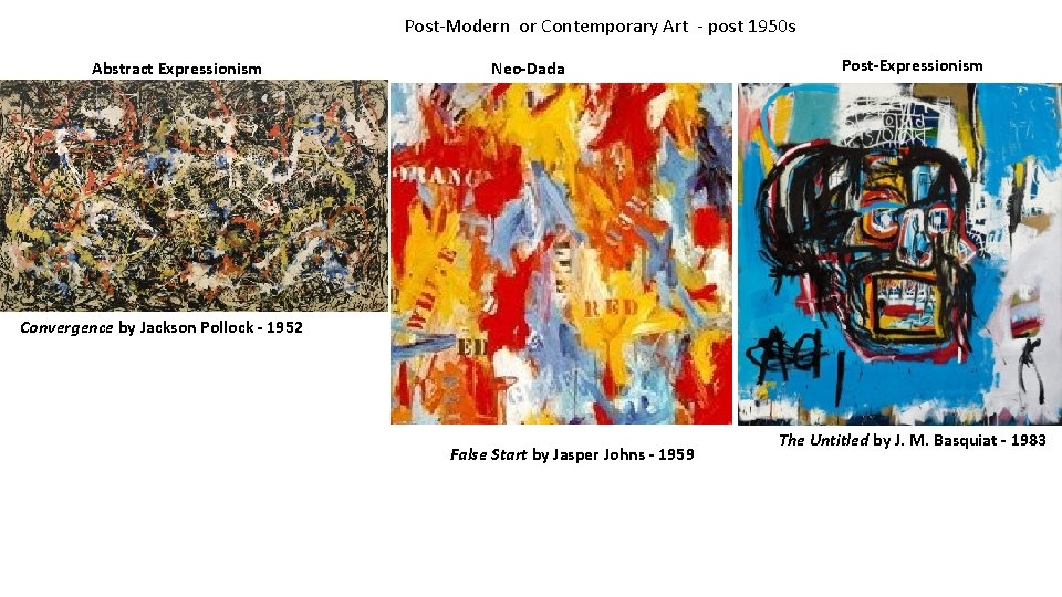 Post-Modern or Contemporary Art - post 1950 s Abstract Expressionism Neo-Dada Post-Expressionism Convergence by