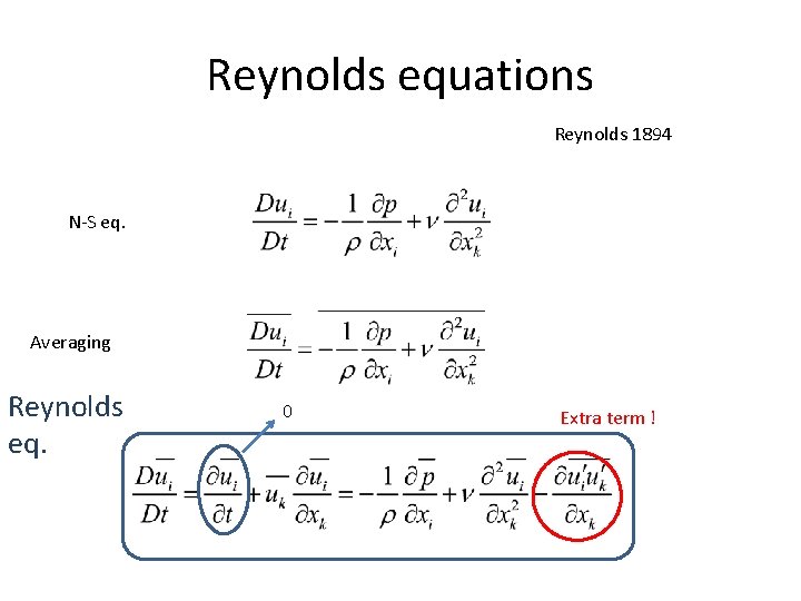 Reynolds equations Reynolds 1894 N-S eq. Averaging Reynolds eq. 0 Extra term ! 