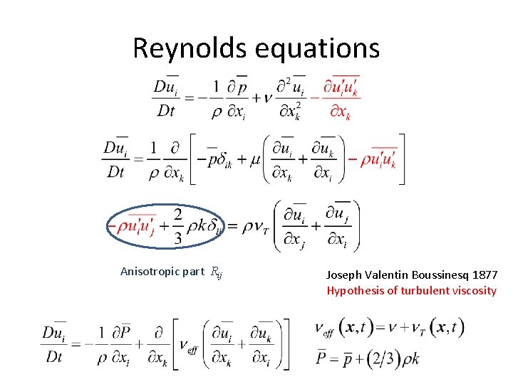 Reynolds equations Anisotropic part Rij Joseph Valentin Boussinesq 1877 Hypothesis of turbulent viscosity 