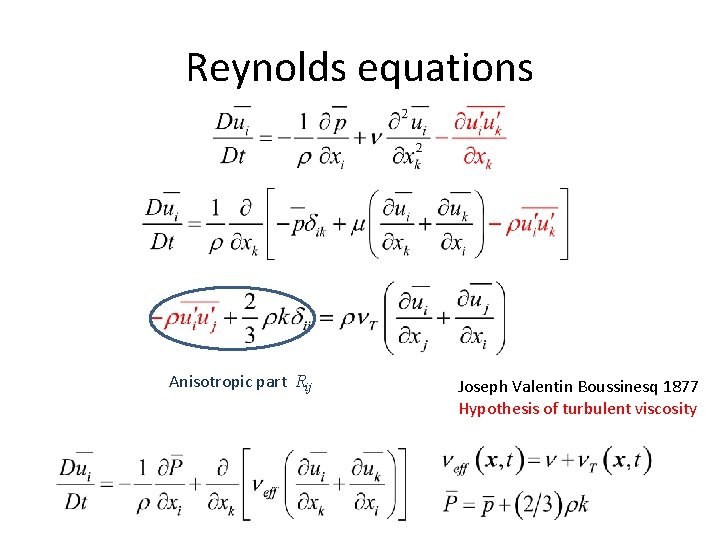 Reynolds equations Anisotropic part Rij Joseph Valentin Boussinesq 1877 Hypothesis of turbulent viscosity Reynolds equations Anisotropic part Rij Joseph Valentin Boussinesq 1877 Hypothesis of turbulent viscosity