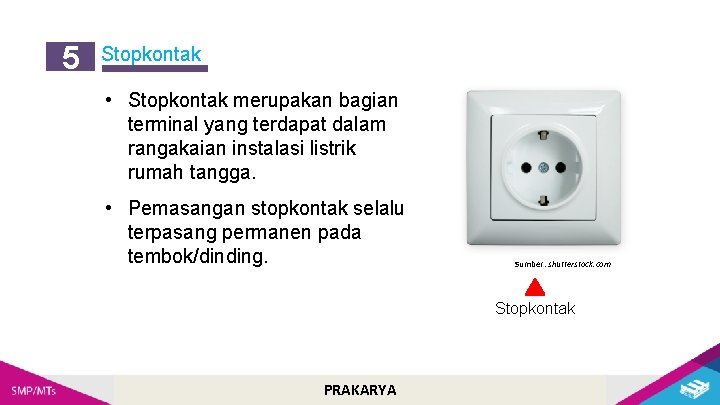 5 Stopkontak • Stopkontak merupakan bagian terminal yang terdapat dalam rangakaian instalasi listrik rumah