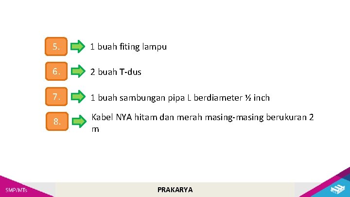 5. 1 buah fiting lampu 6. 2 buah T-dus 7. 1 buah sambungan pipa