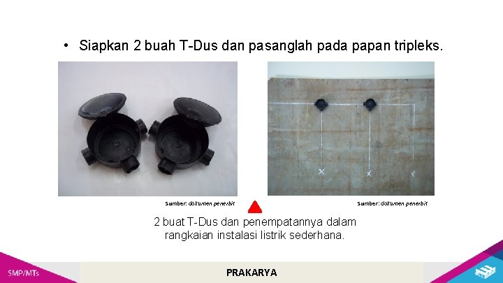 • Siapkan 2 buah T-Dus dan pasanglah pada papan tripleks. Sumber: dokumen penerbit • Siapkan 2 buah T-Dus dan pasanglah pada papan tripleks. Sumber: dokumen penerbit