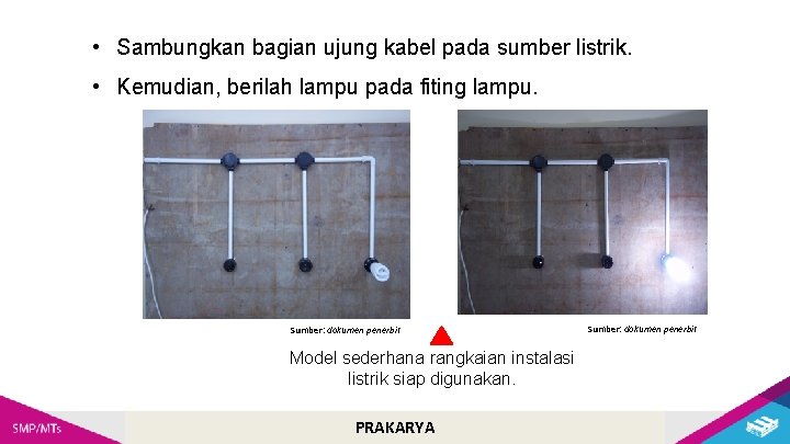 • Sambungkan bagian ujung kabel pada sumber listrik. • Kemudian, berilah lampu pada • Sambungkan bagian ujung kabel pada sumber listrik. • Kemudian, berilah lampu pada