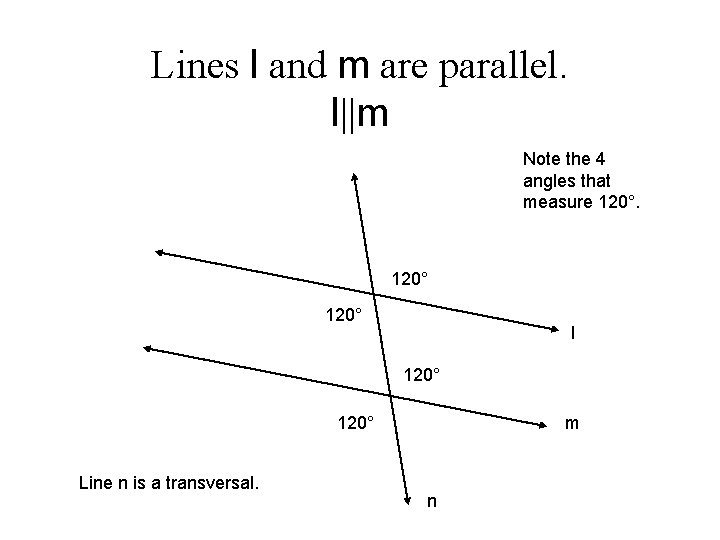 Lines l and m are parallel. l||m Note the 4 angles that measure 120° Lines l and m are parallel. l||m Note the 4 angles that measure 120°
