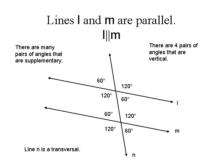 Lines l and m are parallel. l||m There are 4 pairs of angles that Lines l and m are parallel. l||m There are 4 pairs of angles that