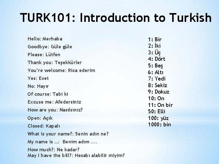 TURK 101: Introduction to Turkish Hello: Merhaba Goodbye: Güle güle Please: Lütfen Thank you: