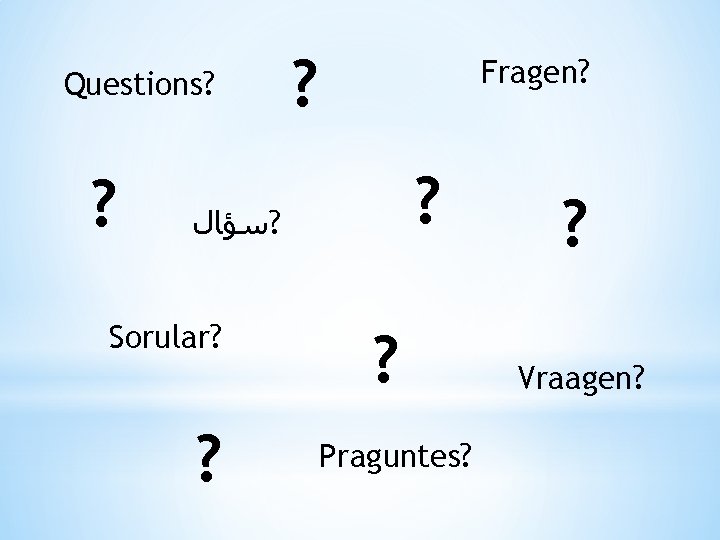 Questions? ? ? Fragen? ? ? ﺳﺆﺎﻝ Sorular? ? ? Praguntes? ? Vraagen? 