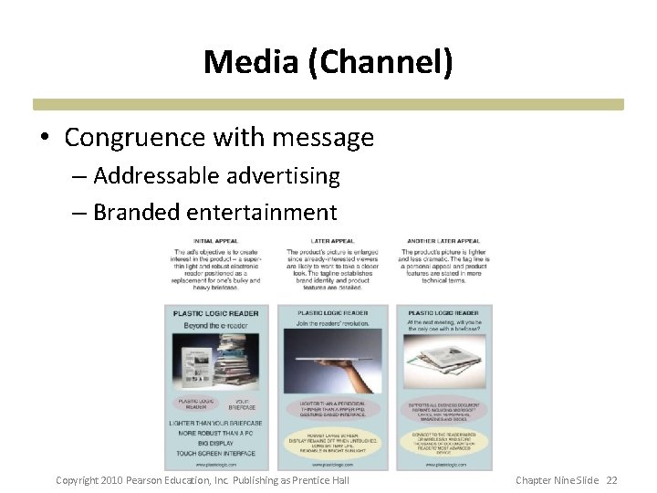 Media (Channel) • Congruence with message – Addressable advertising – Branded entertainment Copyright 2010