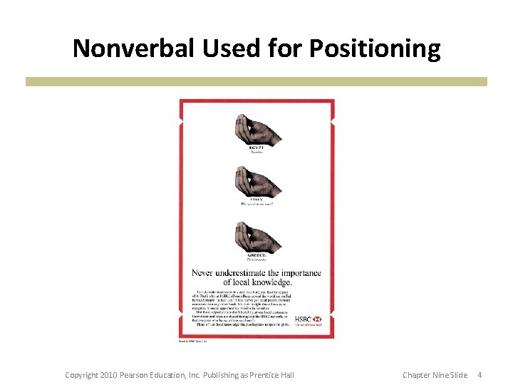 Nonverbal Used for Positioning Copyright 2010 Pearson Education, Inc. Publishing as Prentice Hall Chapter