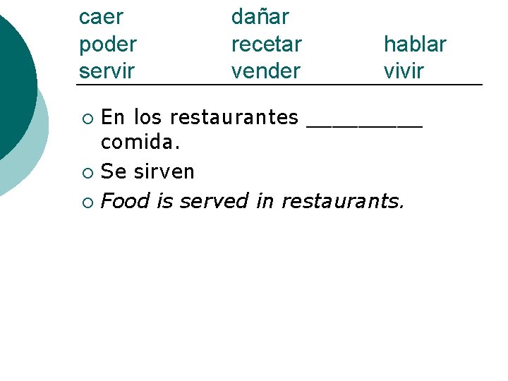 caer poder servir dañar recetar vender hablar vivir En los restaurantes _____ comida. ¡