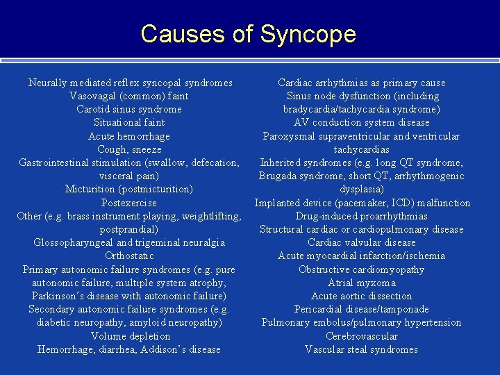 Causes of Syncope Neurally mediated reflex syncopal syndromes Vasovagal (common) faint Carotid sinus syndrome