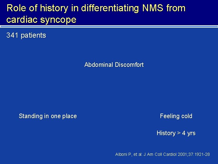 Role of history in differentiating NMS from cardiac syncope 341 patients Abdominal Discomfort Standing