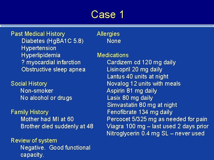 Case 1 Past Medical History Diabetes (Hg. BA 1 C 5. 8) Hypertension Hyperlipidemia