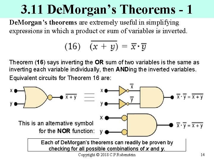 3. 11 De. Morgan’s Theorems - 1 De. Morgan’s theorems are extremely useful in