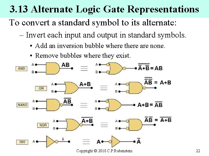 3. 13 Alternate Logic Gate Representations To convert a standard symbol to its alternate: