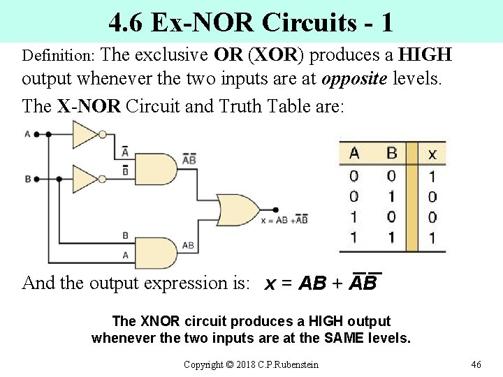 4. 6 Ex-NOR Circuits - 1 Definition: The exclusive OR ( OR XOR) produces
