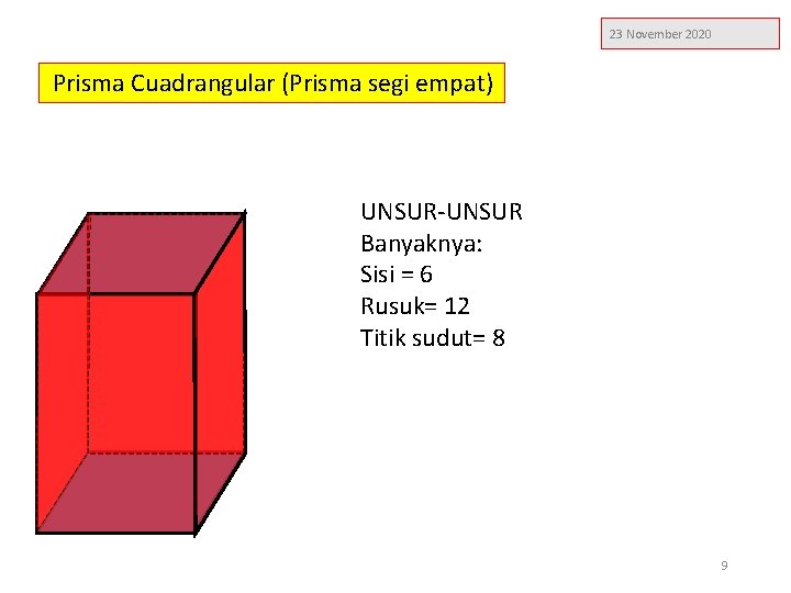 23 November 2020 Prisma Cuadrangular (Prisma segi empat) UNSUR-UNSUR Banyaknya: Sisi = 6 Rusuk=