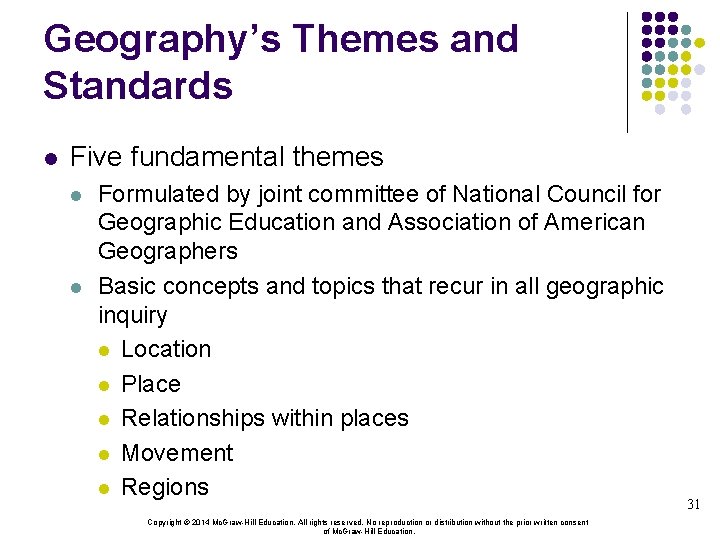 Geography’s Themes and Standards l Five fundamental themes l l Formulated by joint committee