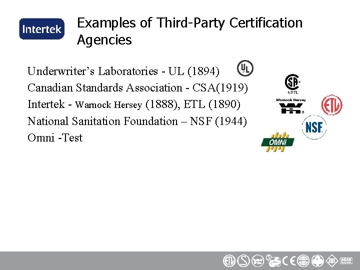 Examples of Third-Party Certification Agencies Underwriter’s Laboratories - UL (1894) Canadian Standards Association -