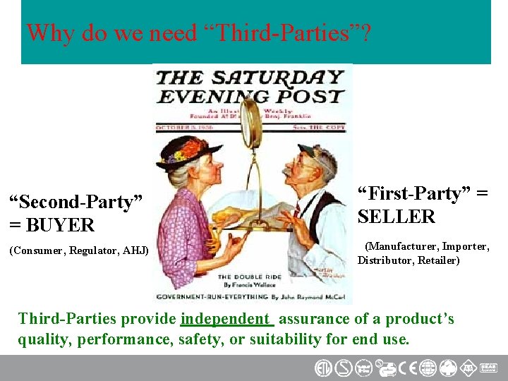 Why do we need “Third-Parties”? “Second-Party” = BUYER (Consumer, Regulator, AHJ) “First-Party” = SELLER