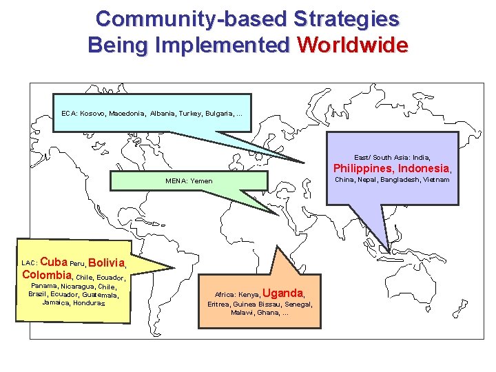 Community-based Strategies Being Implemented Worldwide ECA: Kosovo, Macedonia, Albania, Turkey, Bulgaria, … East/ South