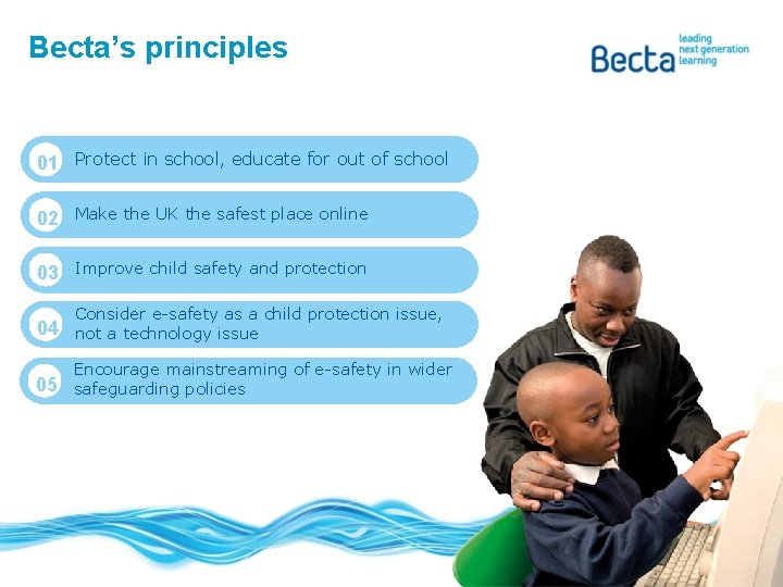 Becta’s principles 01 Protect in school, educate for out of school 02 Make the